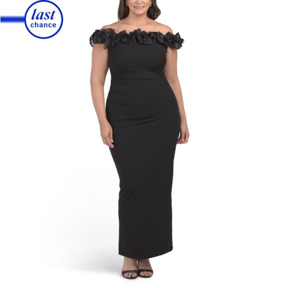 XSCAPE Black Ruffled Floral Off The Shoulder Gown - Picture 1 of 2